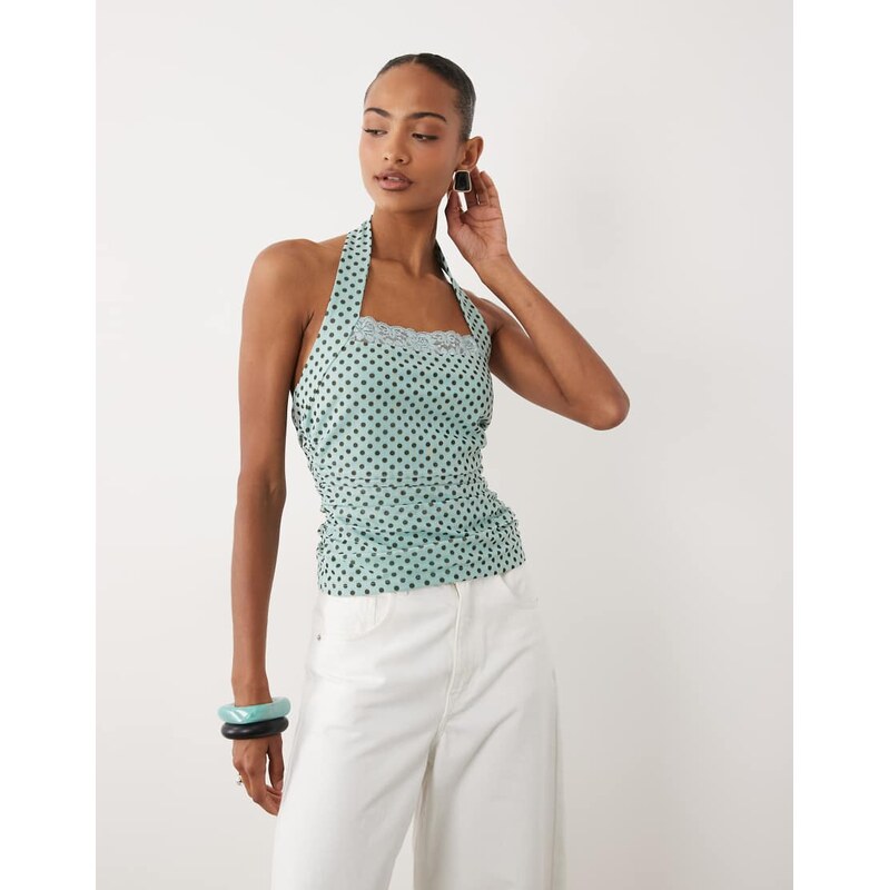 ASOS DESIGN printed mesh ruched halter top with lace detail in