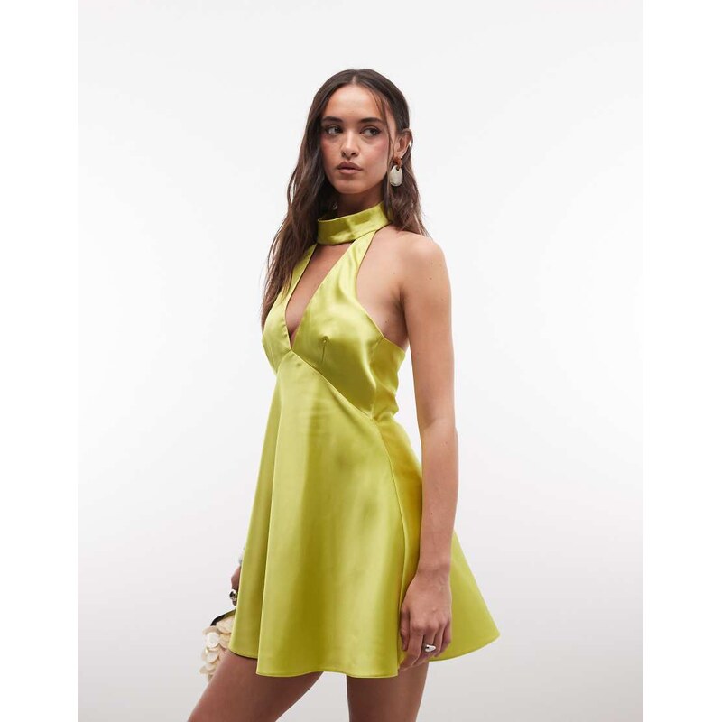 Miss Selfridge satin mini dress in chartreuse with scarf neck