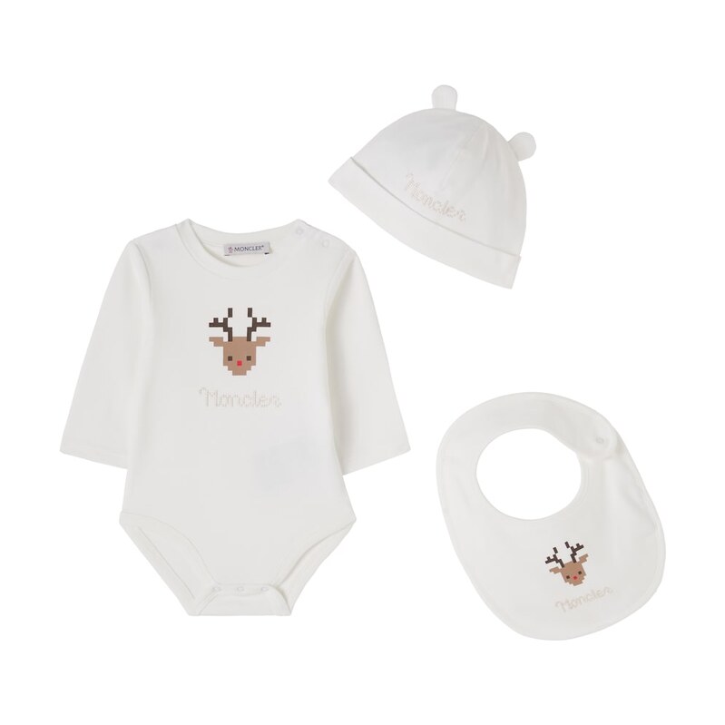 Moncler Enfant Baby cotton bodysuit, bib, and beanie set