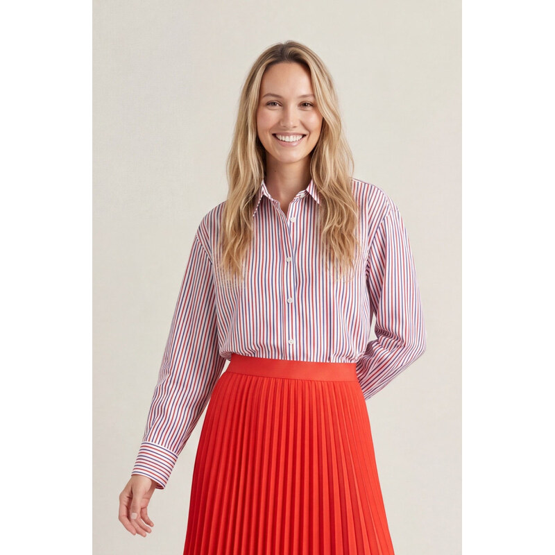 HALENKA GANT STRIPE HABOTAI SILK BLOUSE PERFECT RED