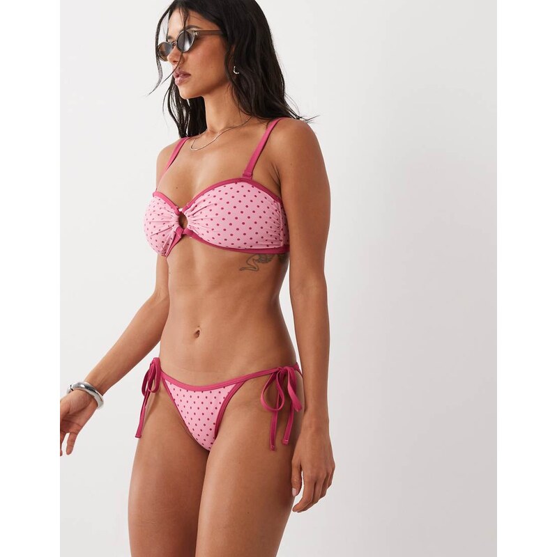 Peek & Beau bandeau bikini top in pink contrast polka dot