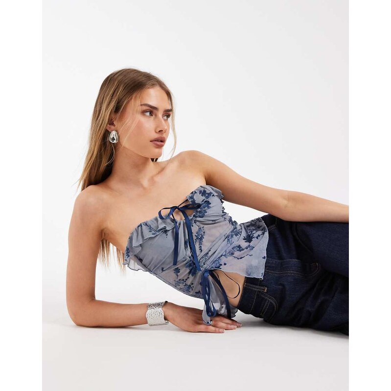 Kiss The Sky strapless velvet devore bandeau top in blue