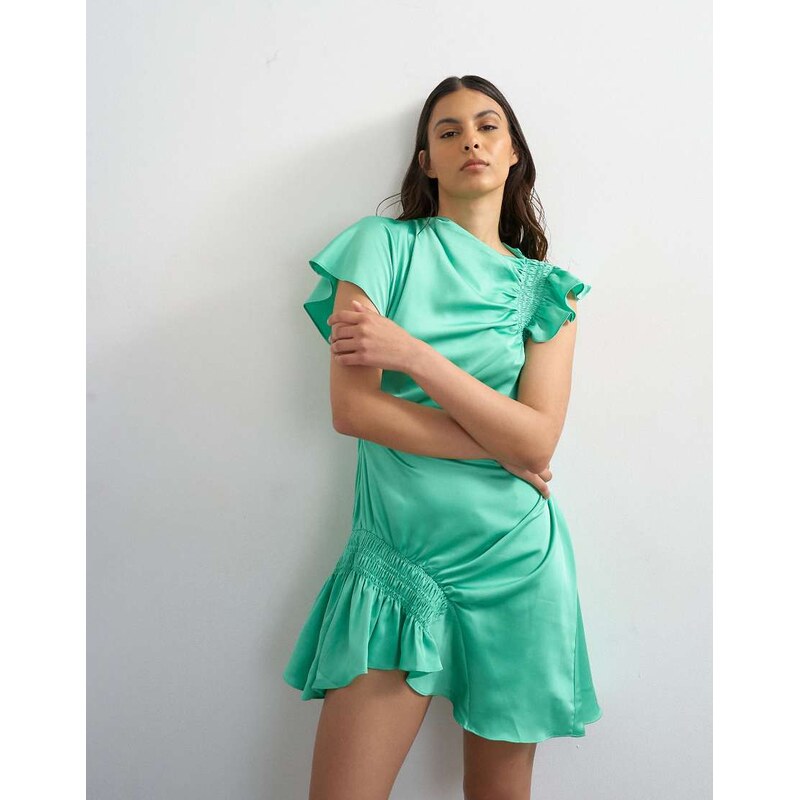 Topshop satin shirred detail mini tea dress in bright emerald