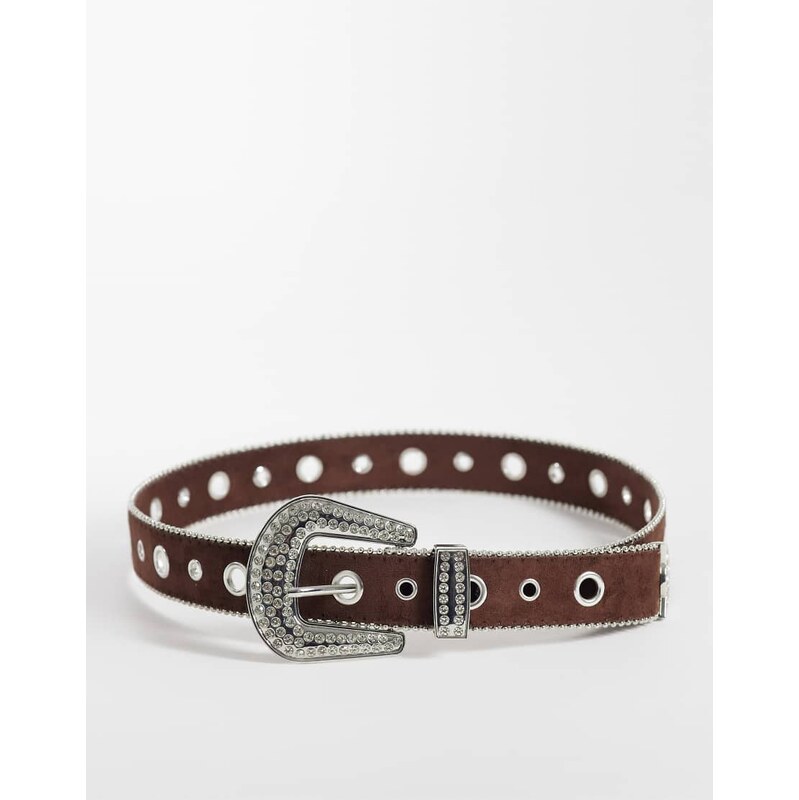 ASOS DESIGN western faux suede belt with rhinestone buckle in
