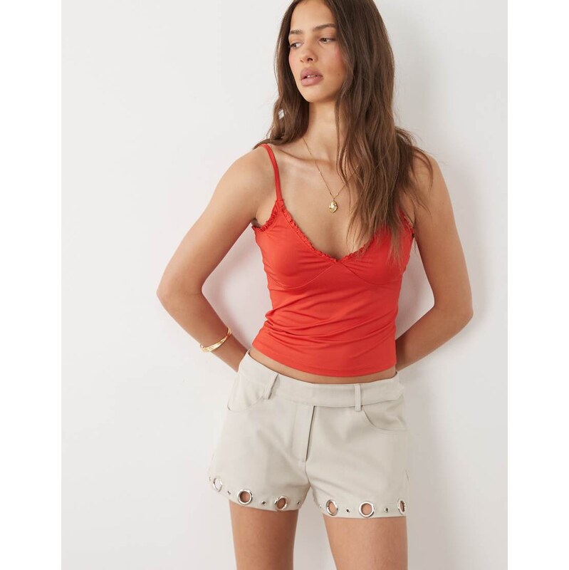 Motel runta eyelet detail mini shorts in beige-Neutral
