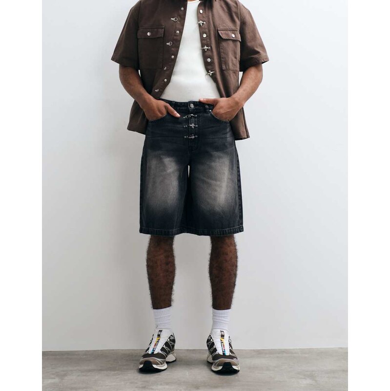 Liquor N Poker fireman buckle denim jorts in black wash