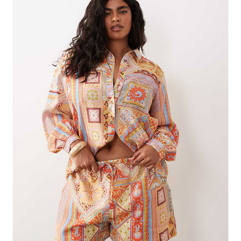 Never Fully Dressed Plus satin shorts co-ord in abstract print
