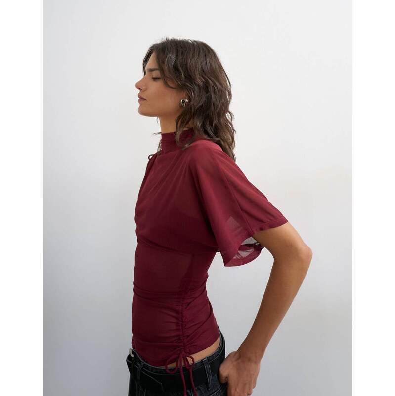 Topshop mesh ruched one sleeve top in burgundy-Red