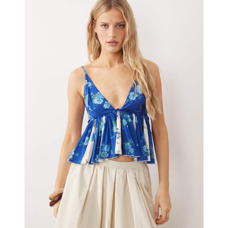 Free People v neck peplum cami top in blue combo