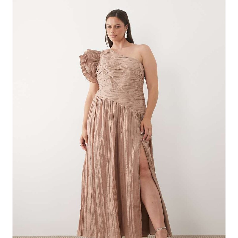 ASOS LUXE Curve one shoulder maxi dress with pleat bodice-White