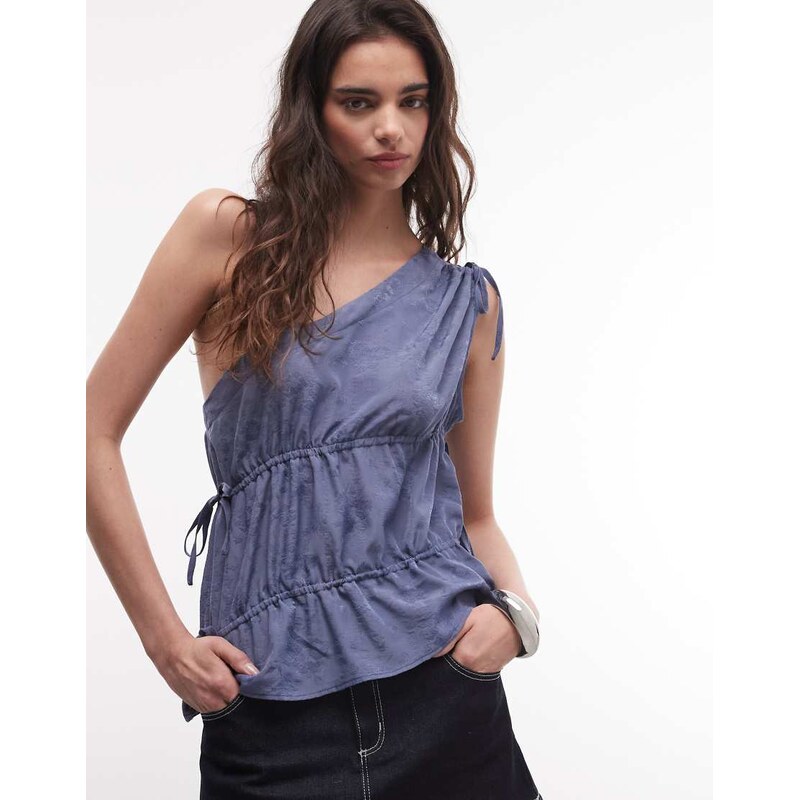Daisy Street one shoulder jacquard shirred top in navy
