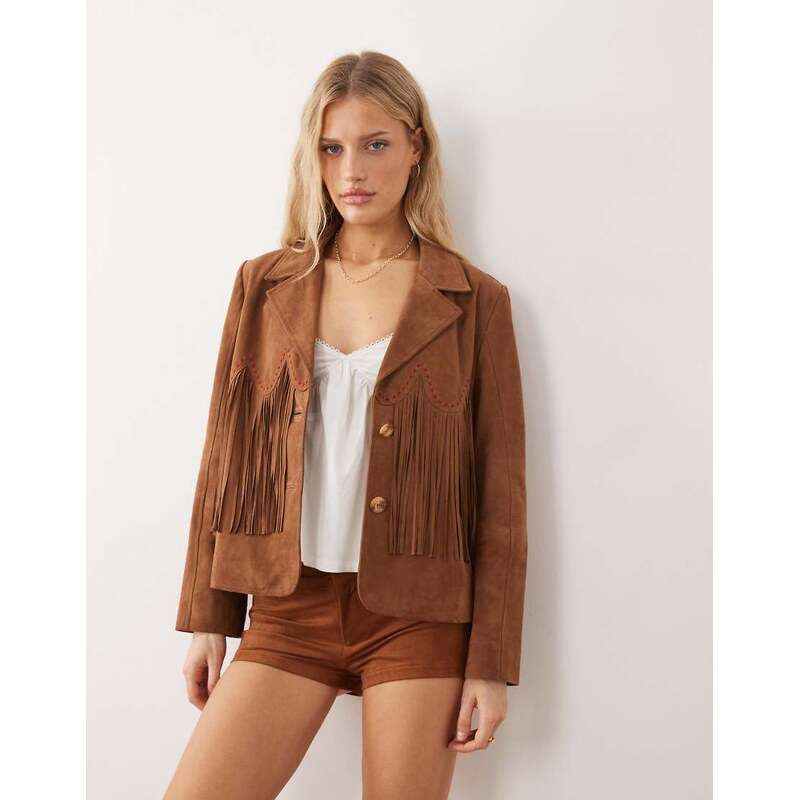 Urbancode longline leather jacket in tan-Brown
