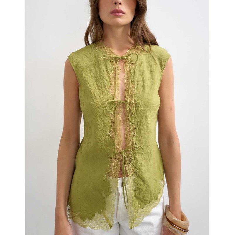 Topshop cap sleeve asymmetric tie front lace detail top in khaki