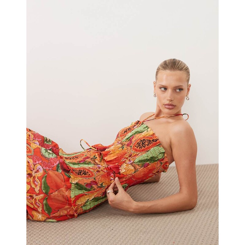 ASOS DESIGN shirred bandeau co-ord top in fruit print-Multi