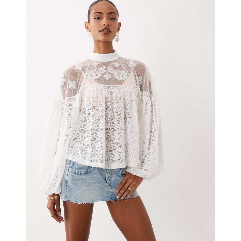 ASOS DESIGN sheer lace mix balloon sleeve top in white