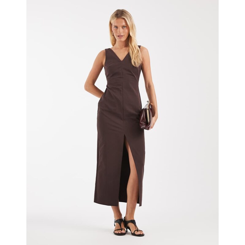 ASOS DESIGN V-neck column midi dress with double split in brown