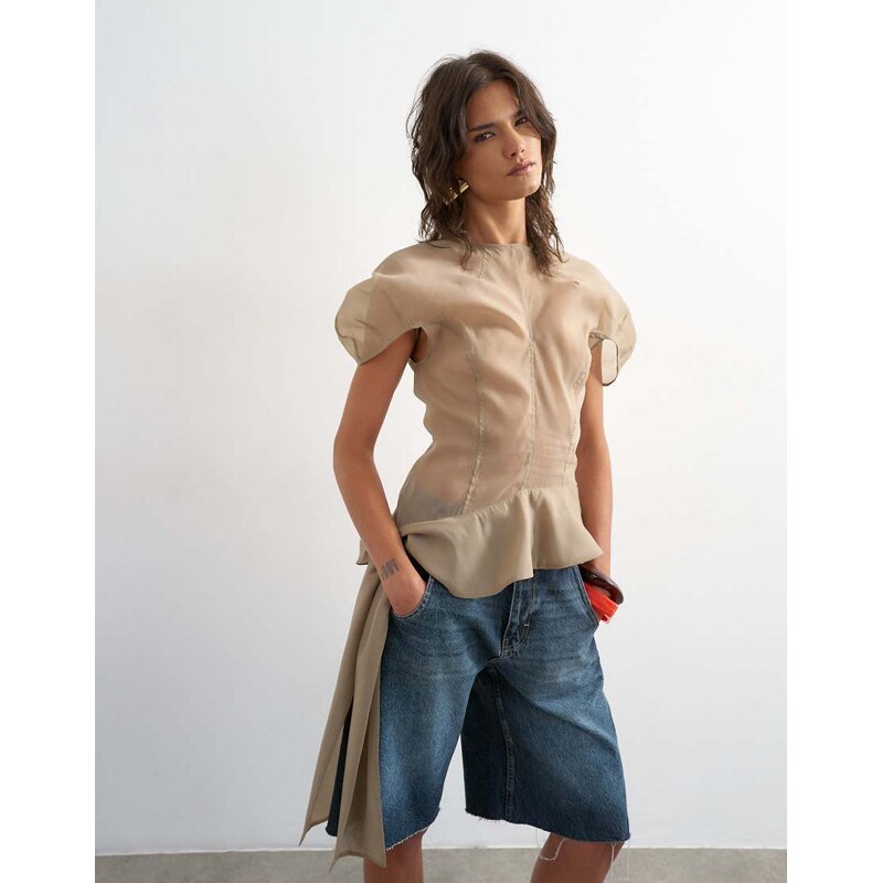 Topshop puff sleeve organza ruffle detail top in mink-White