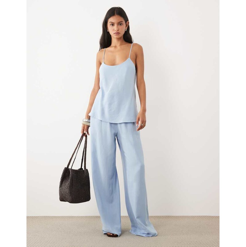 ASOS DESIGN linen blend wide leg pull on trouser in blue co ord