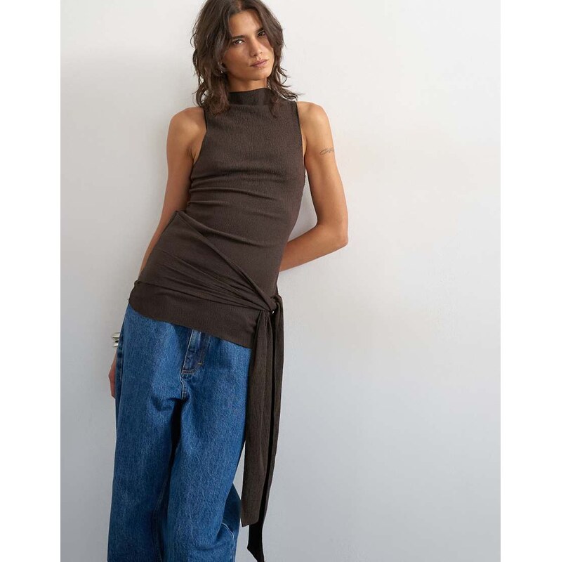 Topshop high neck top with tie detail in chocolate-Multi