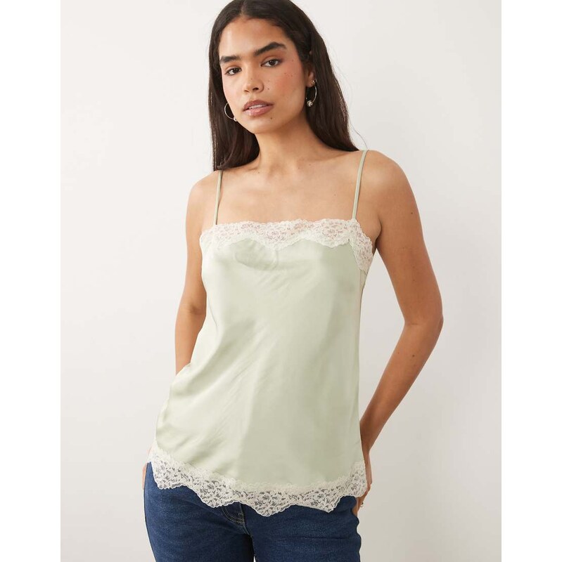 Mango satin and lace cami top in pastel green