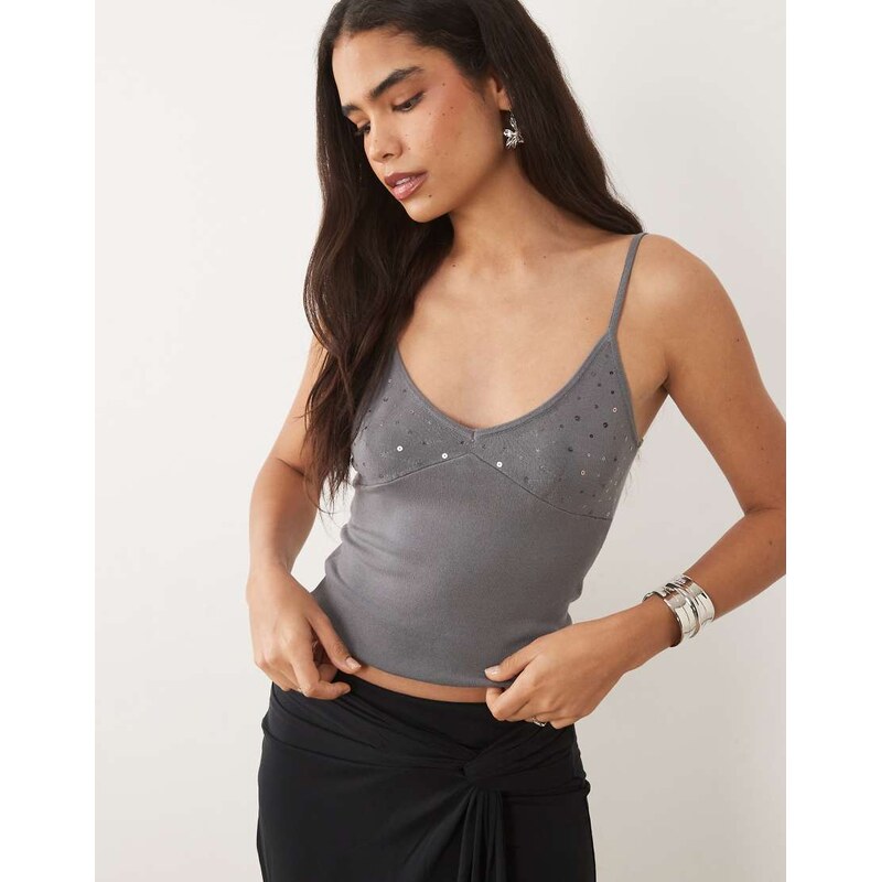 Mango sequin strappy cami top in grey
