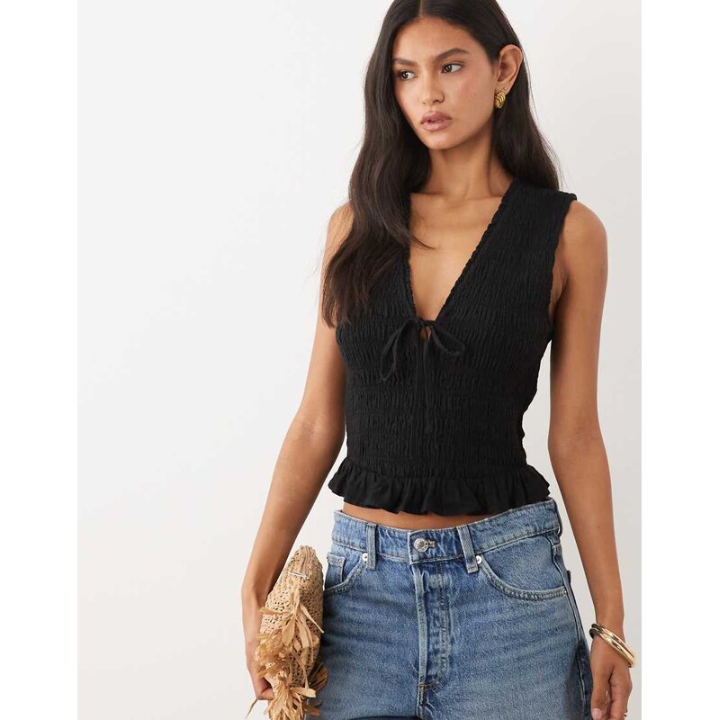 Abercrombie & Fitch smocked square neck shell top in black