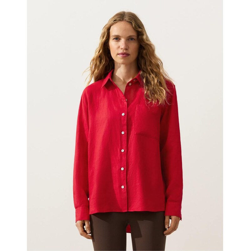 OYSHO 100% linen relaxed shirt in bright red