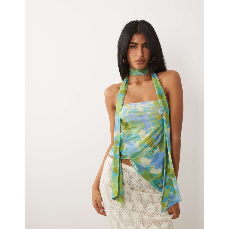 ASOS DESIGN printed mesh bubble scarf top with knot in floral
