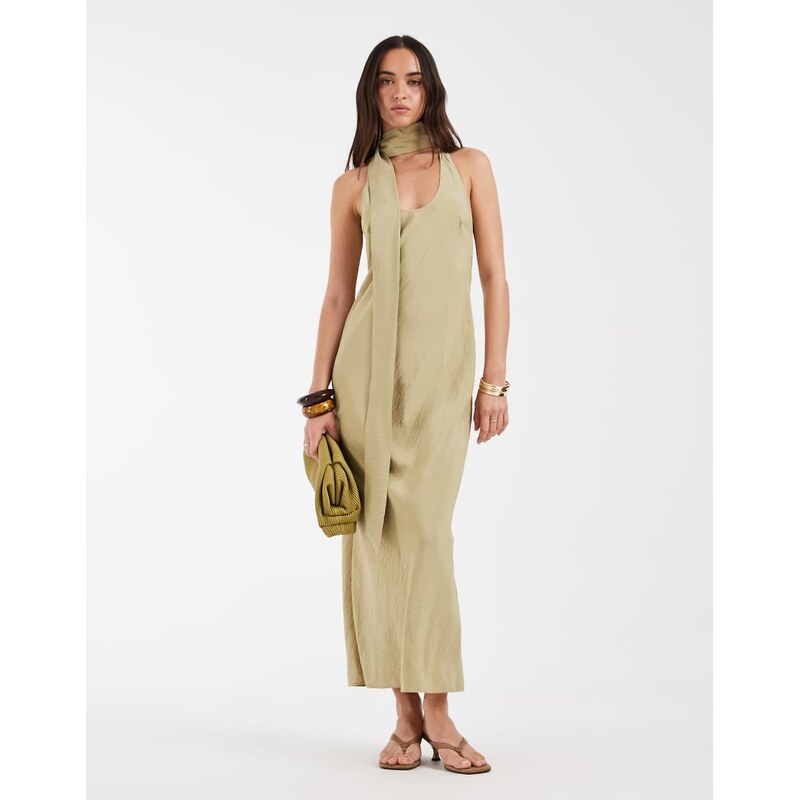 ASOS DESIGN techy scoop neck midi dress with scarf in sage-Green