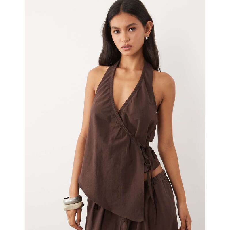 ASOS DESIGN linen blend sleeveless top in chocolate co ord-Brown