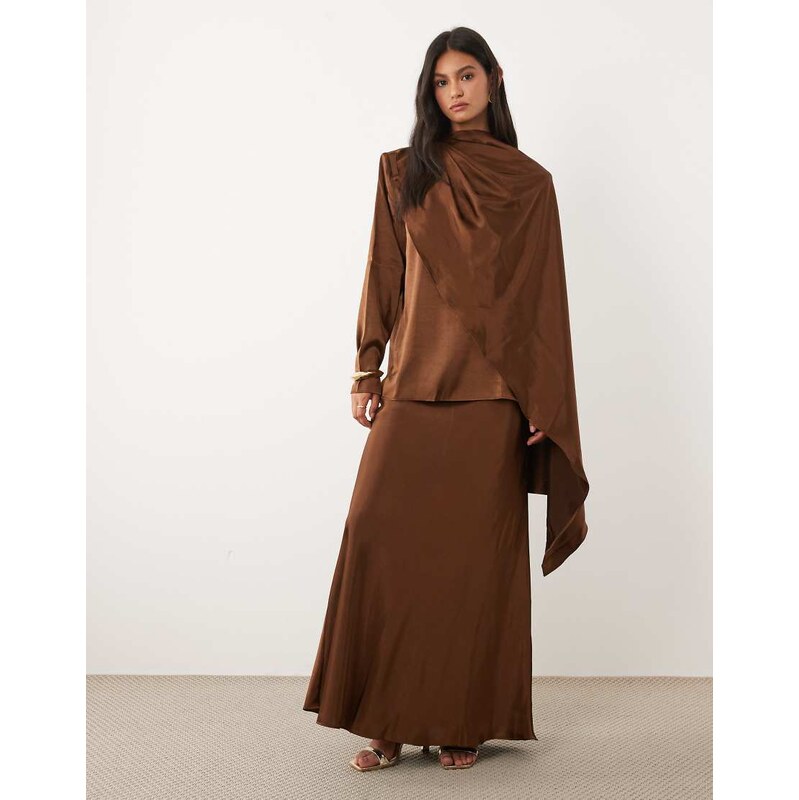 JW PEI exclusive satin maxi slip skirt co-ord in chocolate-White