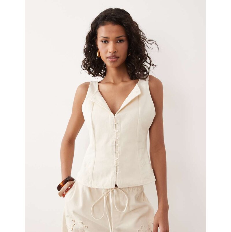 ASOS DESIGN denim embroidered top co-ord in ecru-White