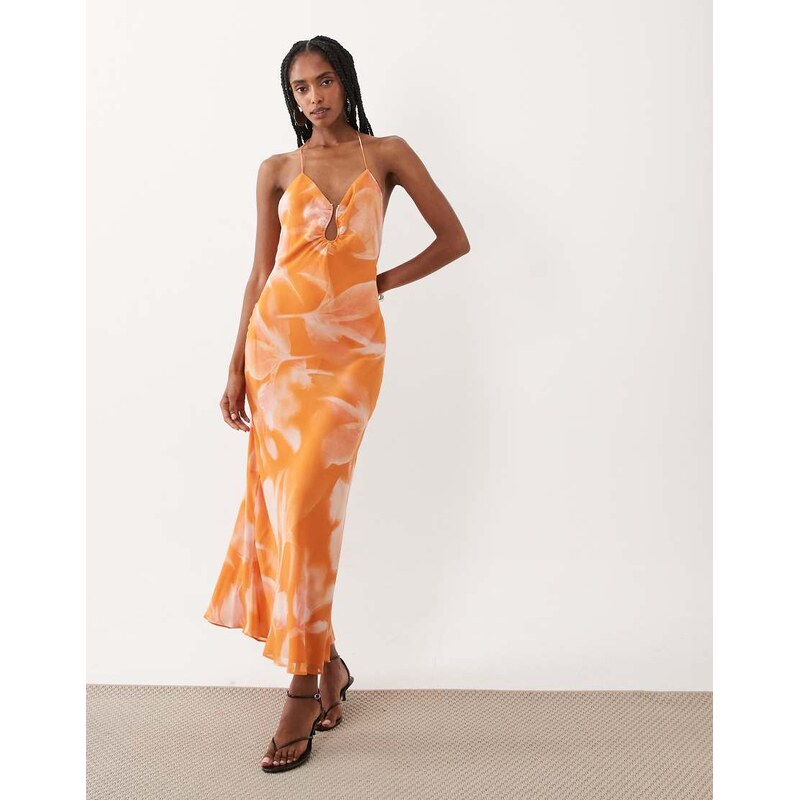 Mango strappy maxi dress in orange blown out floral print