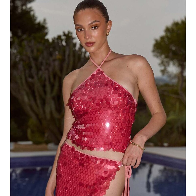 The Frolic exclusive disc sequin halterneck top co-ord in pink