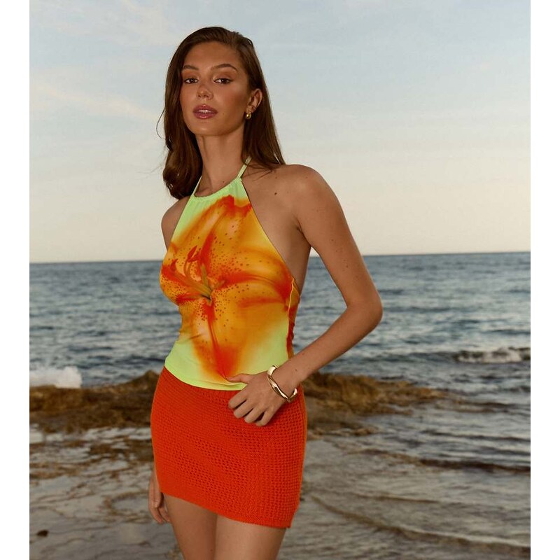 The Frolic exclusive slinky halterneck top in orange & lime