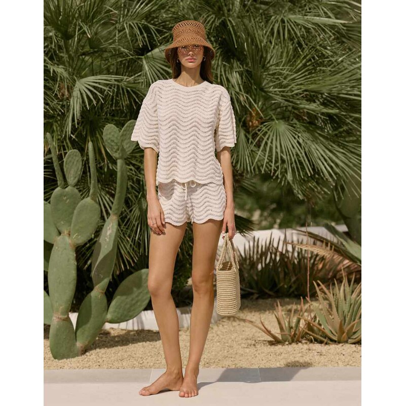 4th & Reckless semi sheer wavy knit drawstring waist scallop