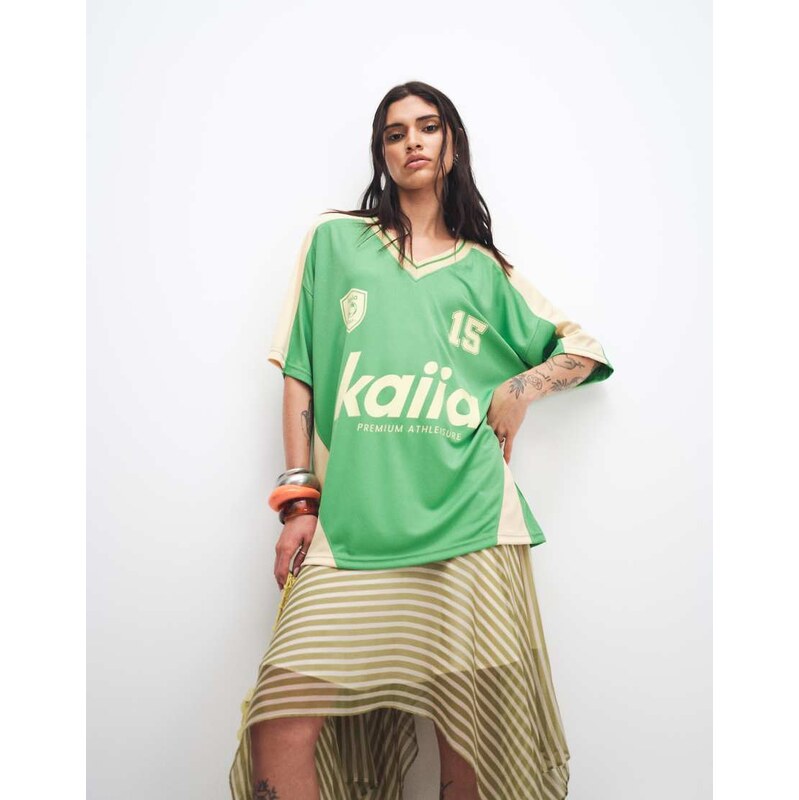 Kaiia exclusive oversized v neck football jersey in green and