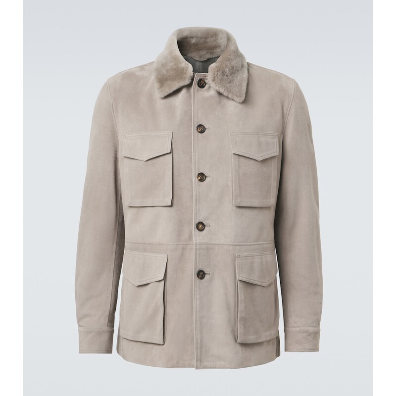 Eleventy Shearling-trimmed suede field jacket