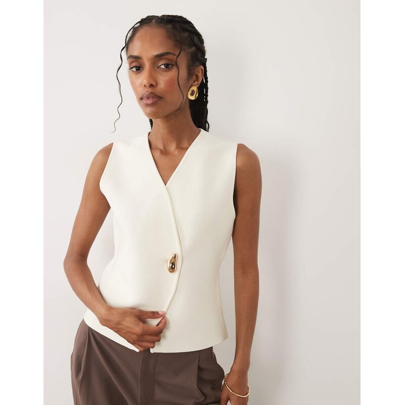 Threadbare compact knit waistcoat with gold button in cream