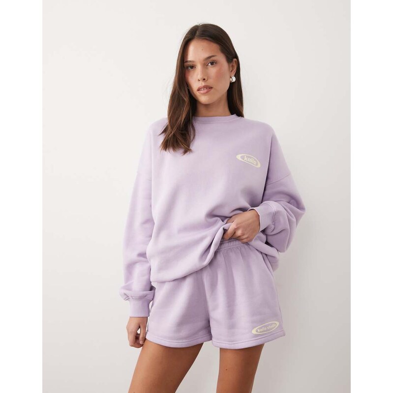 Kaiia cotton rich printed logo sweat shorts co-ord in lilac and