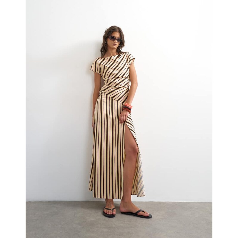 Topshop linen rich fallen shoulder maxi dress in natural stripe