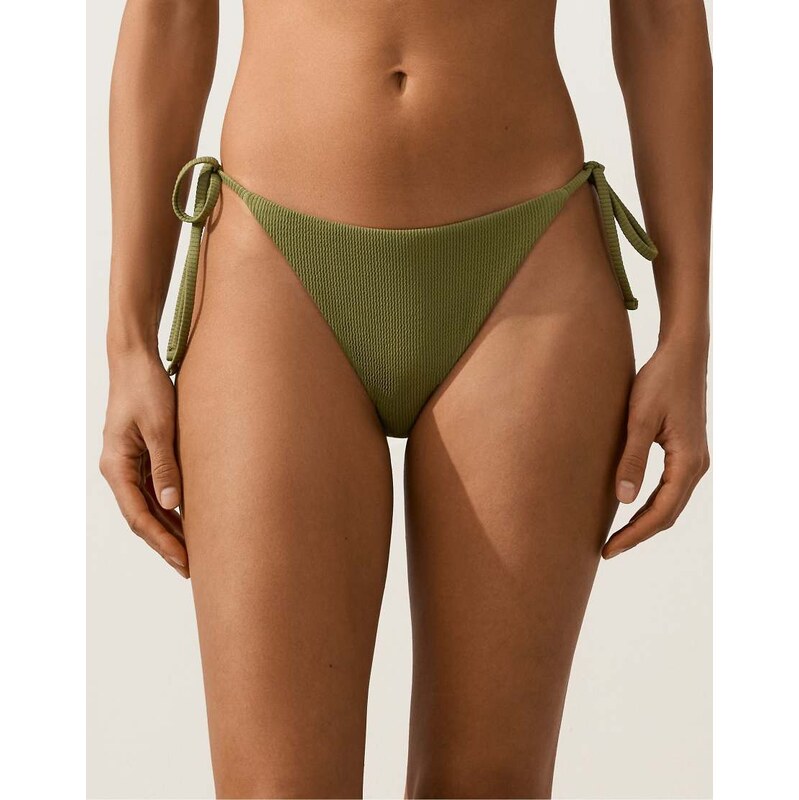 OYSHO Medium-coverage tie rib bikini briefs in light khaki-Green