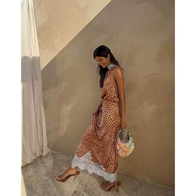Never Fully Dressed Fawn satin lace trim hem maxi skirt co-ord