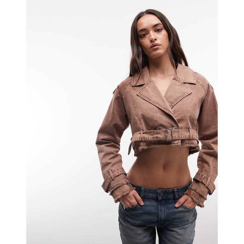 Liquor N Poker denim crop biker jacket with belt buckle detail
