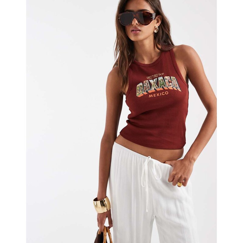 ASOS DESIGN Racer vest with Oaxaca postcard graphic in brown