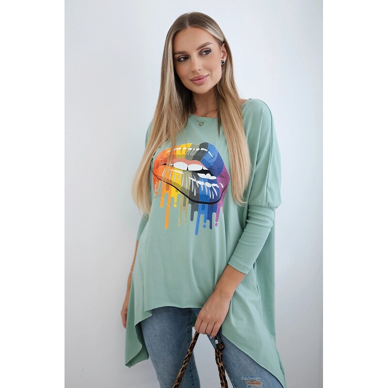 Kesi Halenka oversize s duhovým potiskem rtů tmavě mátové barvy