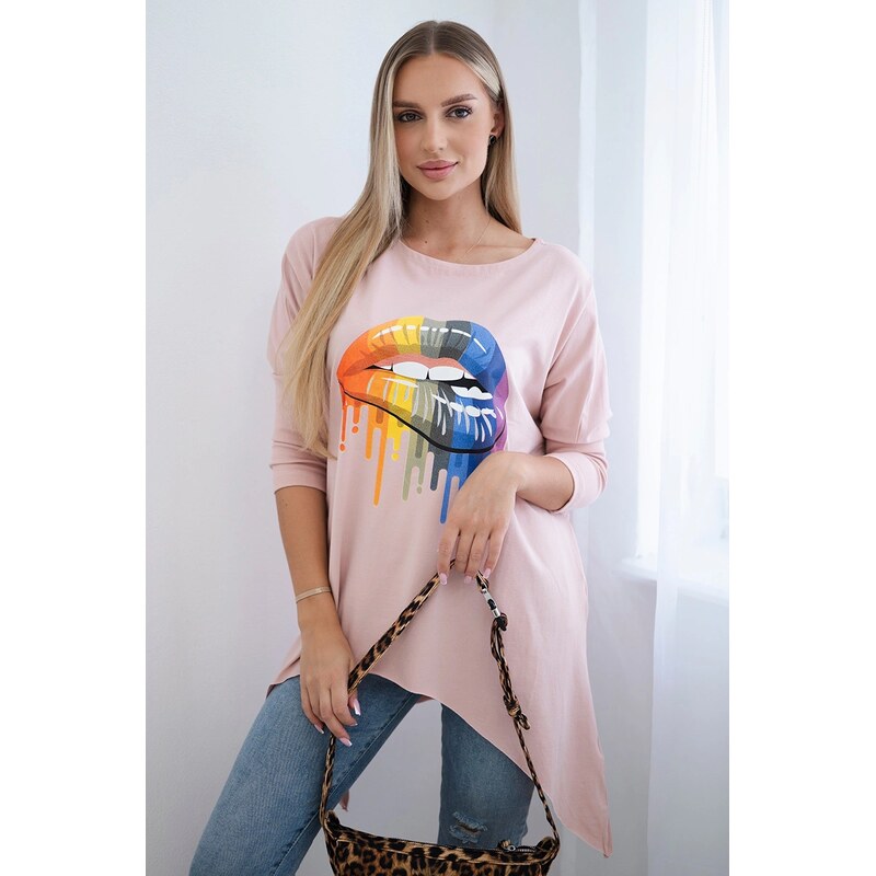 Kesi Halenka oversize s potiskem duhových rtů tmavě pudrově