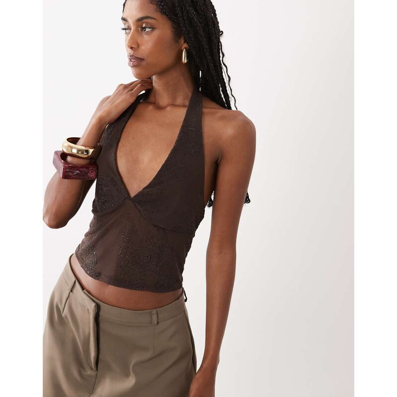 New Look embellished mesh halter neck top in brown