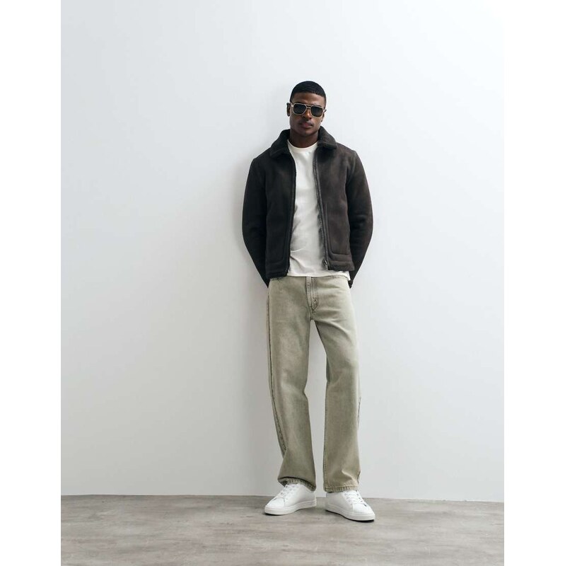 Mango faux shearling jacket with pockets in tan-Neutral