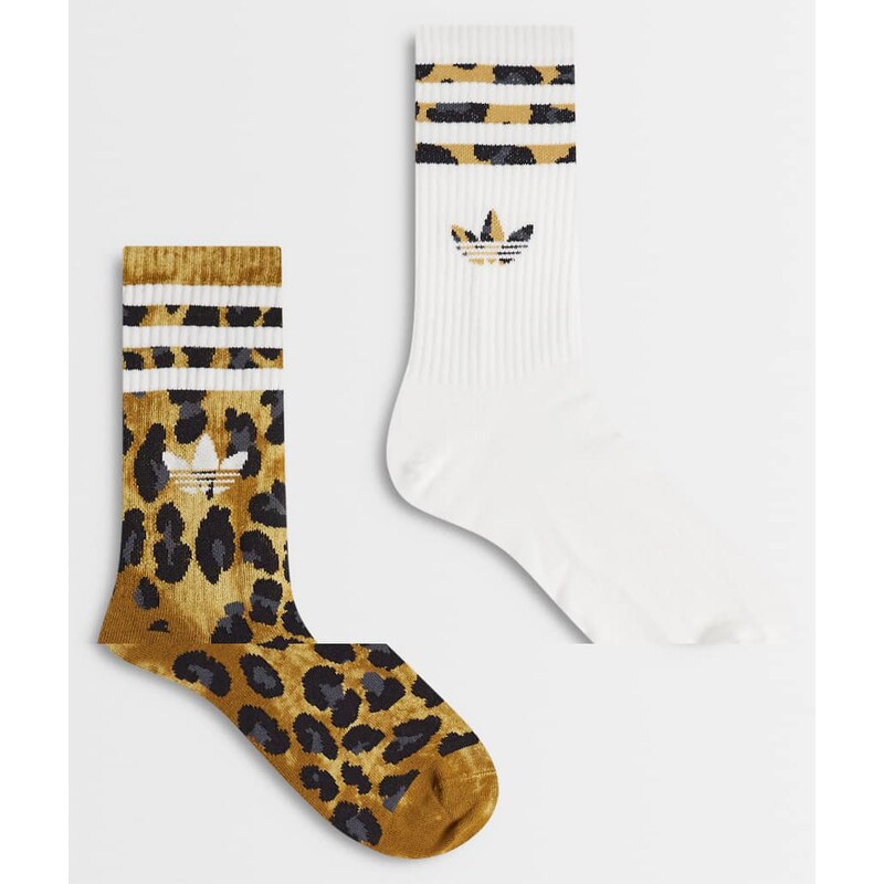adidas Originals 2 pack three stripe crew socks in leopard print